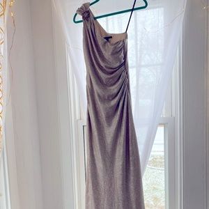 David Meister wedding guest gold dress